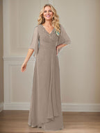 Langes Pailletten-Chiffon-Kleid in A-Linie mit V-Ausschnitt für die Mutter