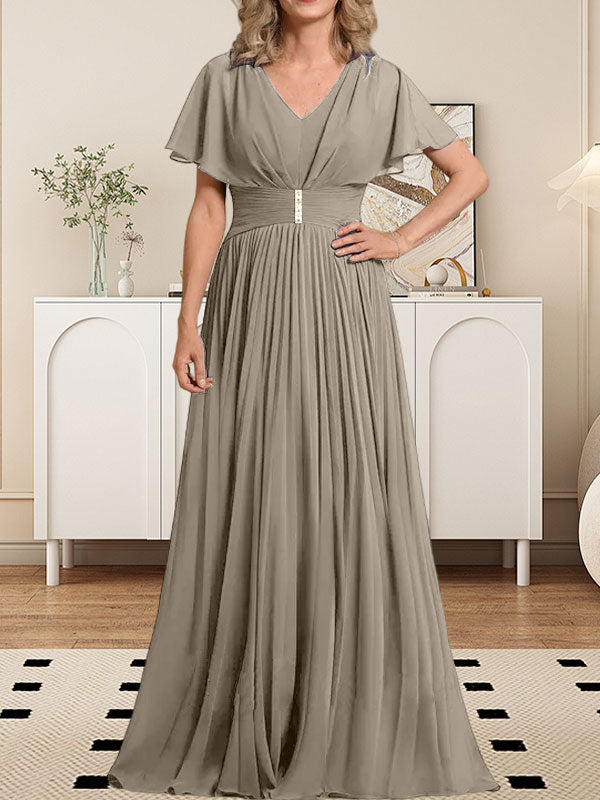 A-Linien-Chiffonkleid mit V-Ausschnitt, bodenlang, für die Mutter der Braut, mit Kristallbrosche und Falten 