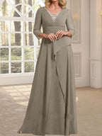 A-Linien-Kleid aus Chiffon mit V-Ausschnitt, bodenlang, für die Mutter der Braut, mit plissierter Perlenstickerei