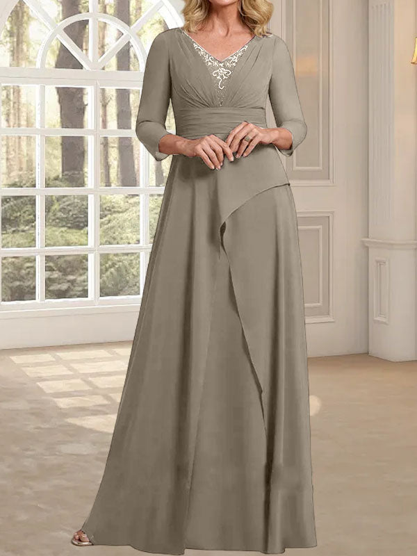 A-Linien-Kleid aus Chiffon mit V-Ausschnitt, bodenlang, für die Mutter der Braut, mit plissierter Perlenstickerei