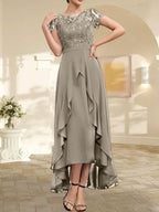 A-Linien-Kleid mit asymmetrischem Chiffon-Spitzenausschnitt, Schleife, Rüschen und Pailletten für die Mutter der Braut 