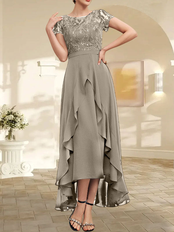 Vestido de madre de la novia de gasa asimétrica con escote en A, ilusión, encaje, lazo, volantes y lentejuelas 