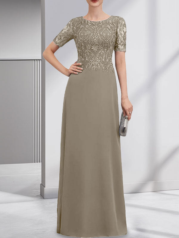 A-Linien-Kleid aus Chiffon mit Pailletten und Rundhalsausschnitt, bodenlang, für die Mutter der Braut