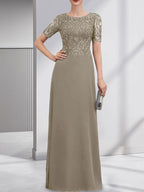 A-Linien-Kleid aus Chiffon mit Pailletten und Rundhalsausschnitt, bodenlang, für die Mutter der Braut