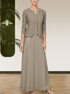 Glitzerndes Spitzen- und Satin-Rockjackenkleid mit offener Jacke