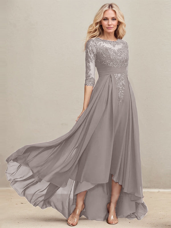 Vestido de madre de la novia de gasa con encaje asimétrico, ilusión, corte A y lentejuelas plisadas 