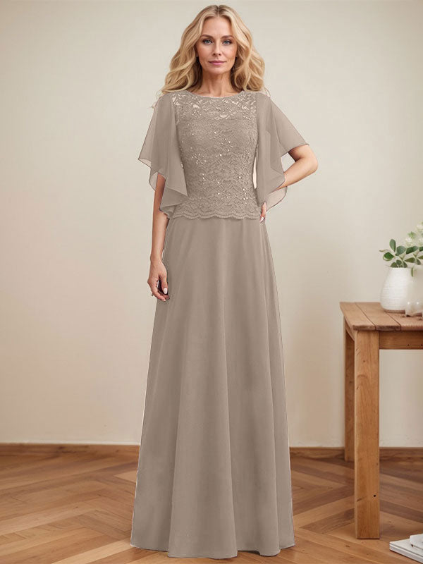 Vestido de madre de la novia de gasa con encaje, ilusión, largo hasta el suelo, corte A y lentejuelas 
