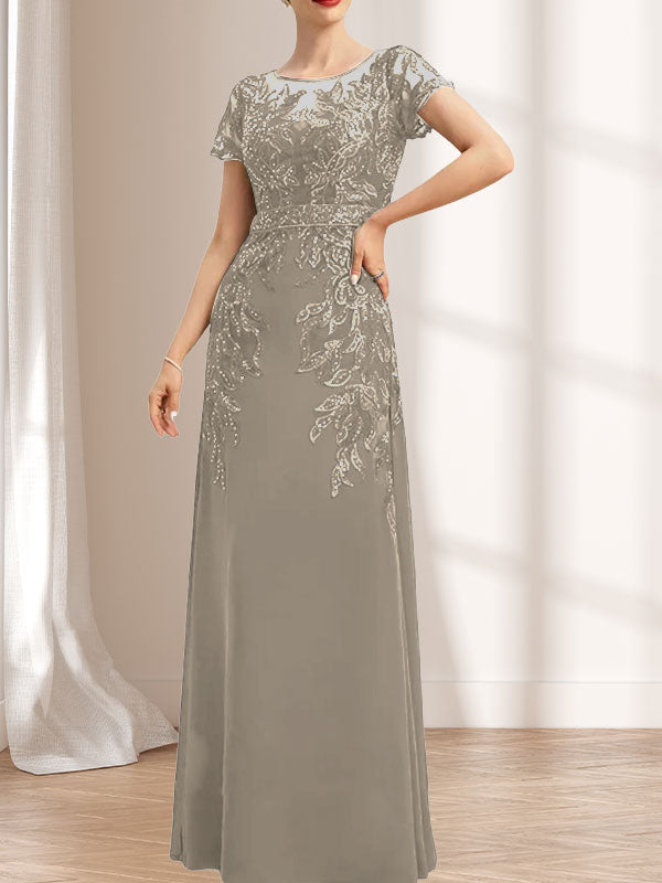 Vestido de gasa con encaje y lentejuelas para madre de la novia, largo hasta el suelo, con escote redondo e ilusión