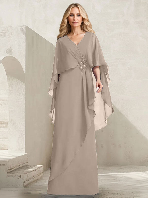 A-Linien-Kleid aus Chiffon mit V-Ausschnitt, bodenlang, mit Kaskadenrüschen und Perlenstickerei für die Mutter der Braut. 