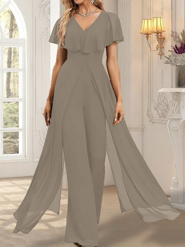 Jumpsuit/Hosenanzug, bodenlanges Chiffon-Abendkleid mit V-Ausschnitt