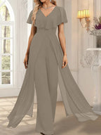 Jumpsuit/Hosenanzug, bodenlanges Chiffon-Abendkleid mit V-Ausschnitt