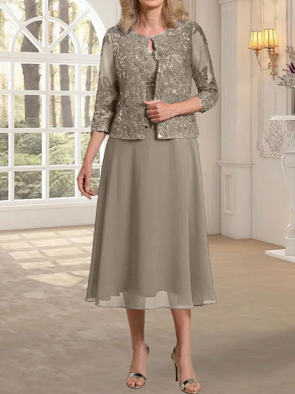 Vestido de gasa con encaje y lentejuelas para madre de la novia, corte A, escote redondo y largo hasta la rodilla 
