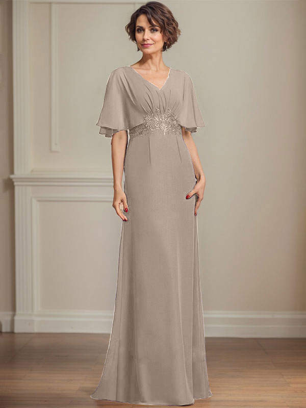 A-Linien-Kleid aus Chiffon mit V-Ausschnitt, bodenlang, für die Mutter der Braut, mit plissierten Paillettenapplikationen und Spitze