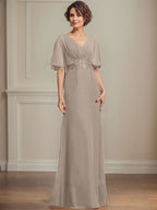 A-Linien-Kleid aus Chiffon mit V-Ausschnitt, bodenlang, für die Mutter der Braut, mit plissierten Paillettenapplikationen und Spitze