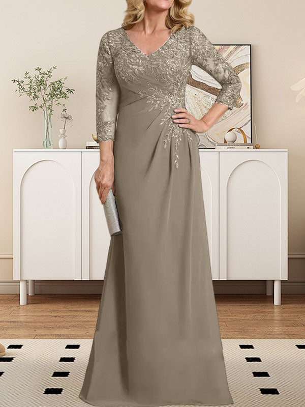 Etuikleid/Säulenkleid mit V-Ausschnitt, Illusion-Detail, bodenlang, aus Chiffonspitze und plissierten Pailletten für die Mutter der Braut 