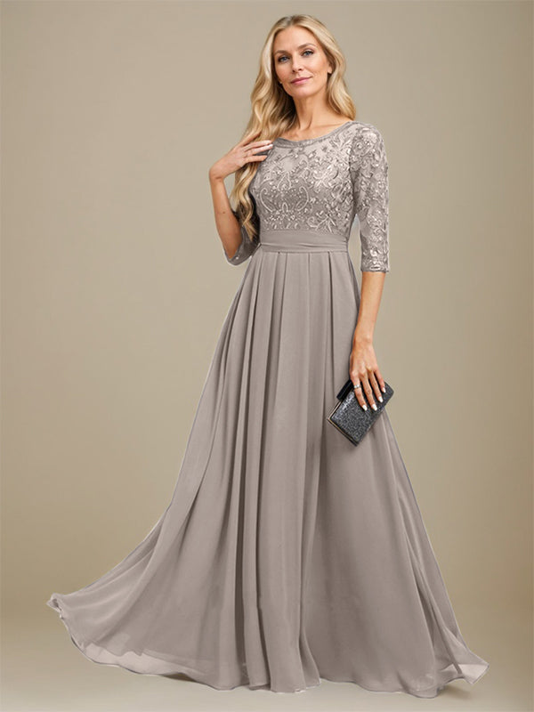 A-Linien-Kleid aus Chiffon mit Paillettenapplikationen und Rundhalsausschnitt, bodenlang, für die Mutter der Braut 