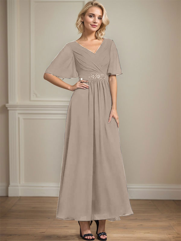 A-Linien-Chiffonkleid mit V-Ausschnitt, Knöchellänge, plissierten Pailletten und Perlenstickerei für die Mutter der Braut