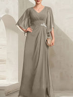 Vestido de gasa para madre de la novia, con escote en V, largo hasta el suelo, con lentejuelas plisadas y abalorios.
