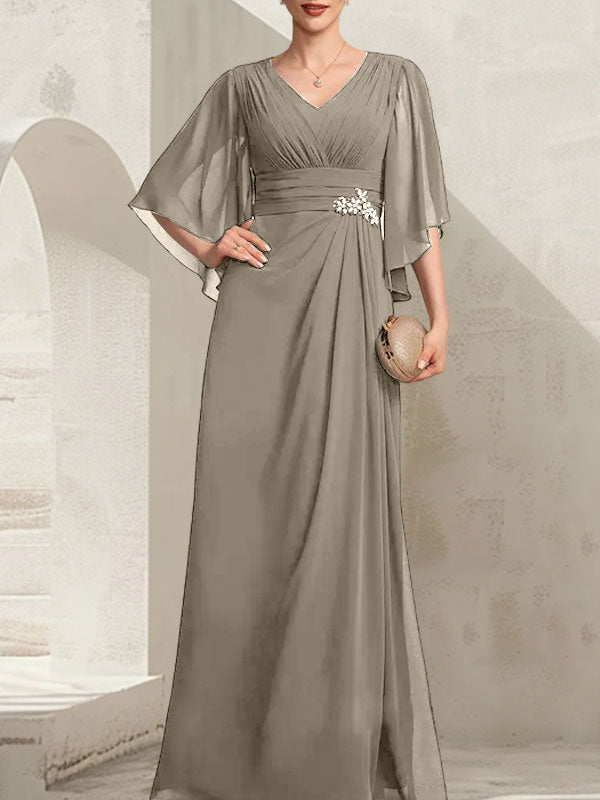 Vestido de gasa para madre de la novia, con escote en V, largo hasta el suelo, con lentejuelas plisadas y abalorios.