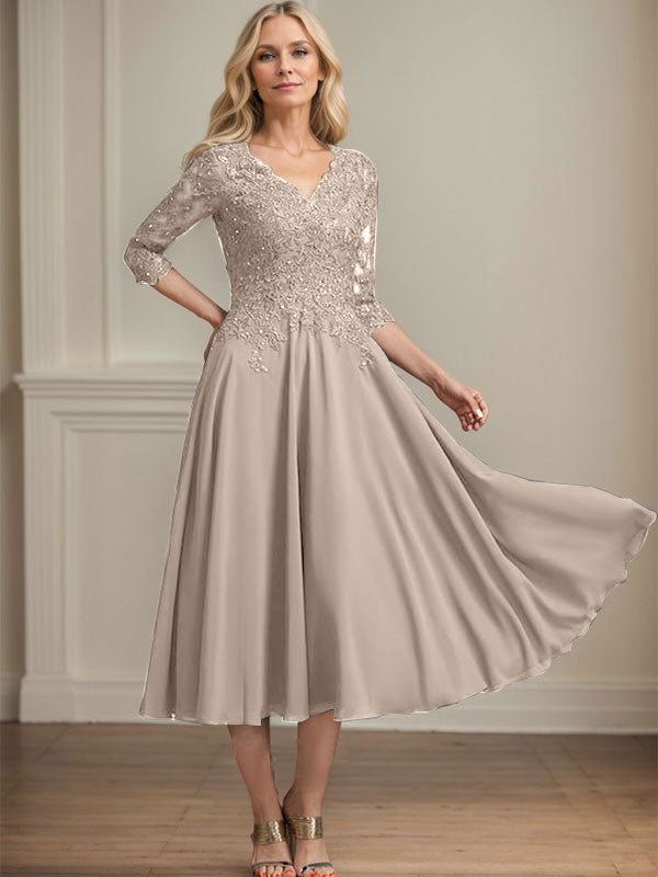 Vestido de gasa con encaje y escote en V, largo hasta la rodilla, para madre de la novia, con lentejuelas y abalorios 