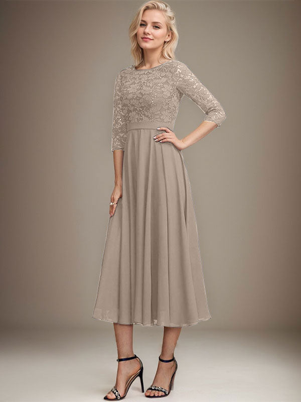 A-Linien-Kleid mit Rundhalsausschnitt, Teelänge, Spitze, Chiffon, Pailletten, für die Mutter der Braut