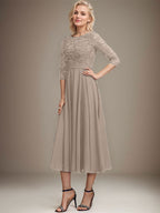 A-Linien-Kleid mit Rundhalsausschnitt, Teelänge, Spitze, Chiffon, Pailletten, für die Mutter der Braut