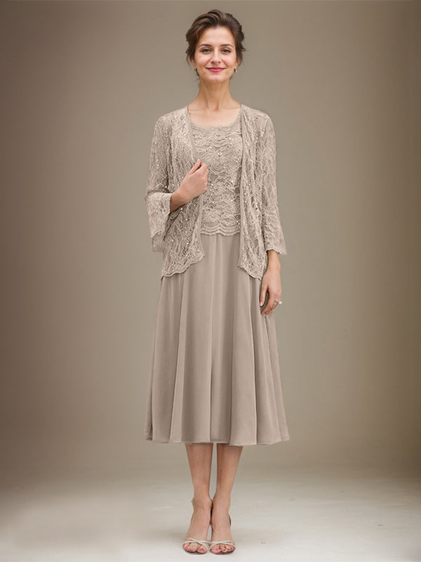Vestido de gasa con encaje y lentejuelas para madre de la novia, corte A, escote redondo y largo hasta la rodilla 