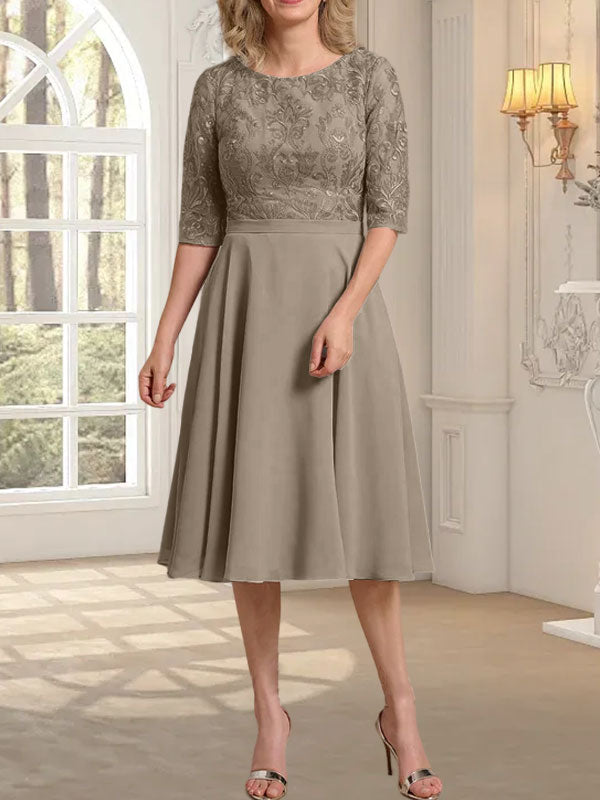 A-Linien-Kleid aus Chiffon mit Rundhalsausschnitt und knielangem Schnitt – das perfekte Kleid für die Mutter der Braut