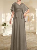 Vestido de gasa para madre de la novia, corte A, escote en V, largo hasta el suelo, con cuentas plisadas