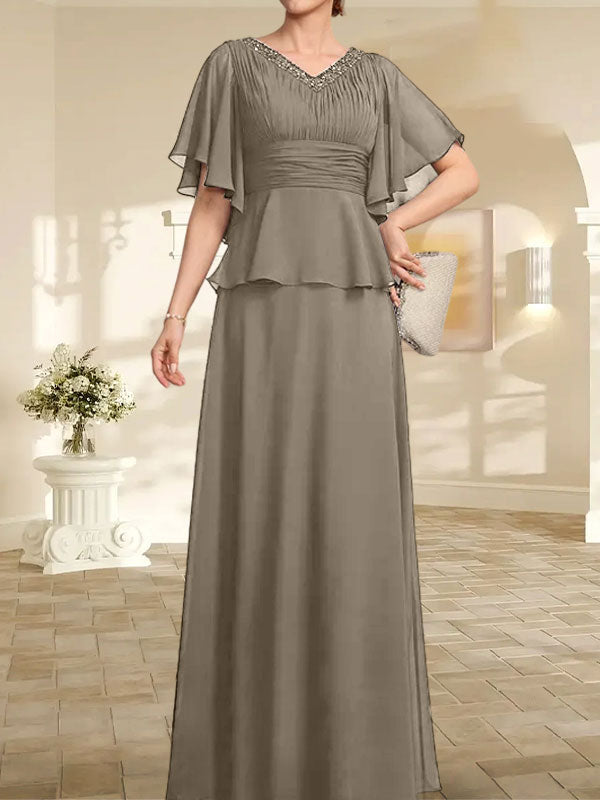 Vestido de gasa para madre de la novia, corte A, escote en V, largo hasta el suelo, con cuentas plisadas
