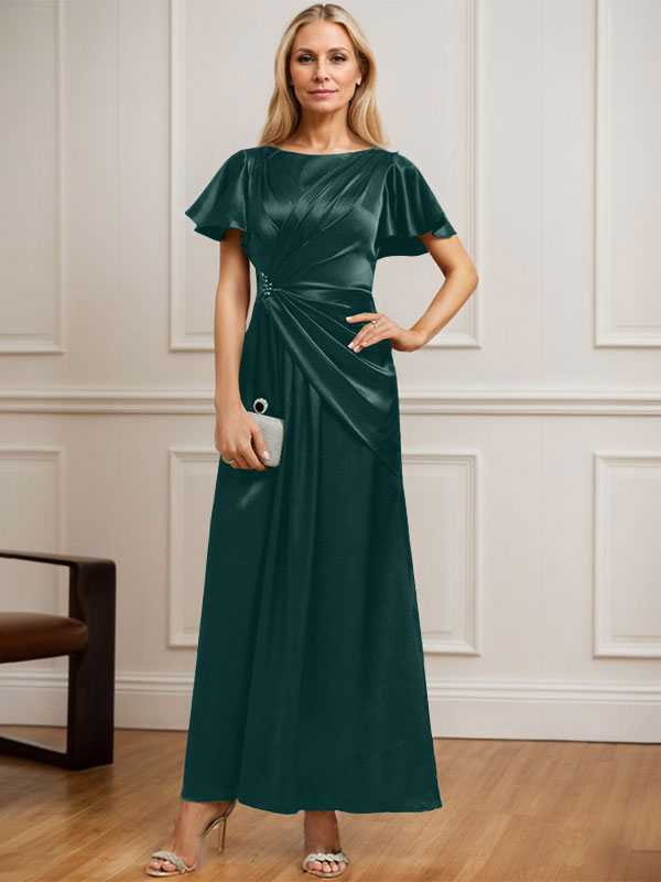 Vestido de madre de la novia de satén elástico con escote redondo y largo hasta los tobillos, corte en A y cuentas plisadas 