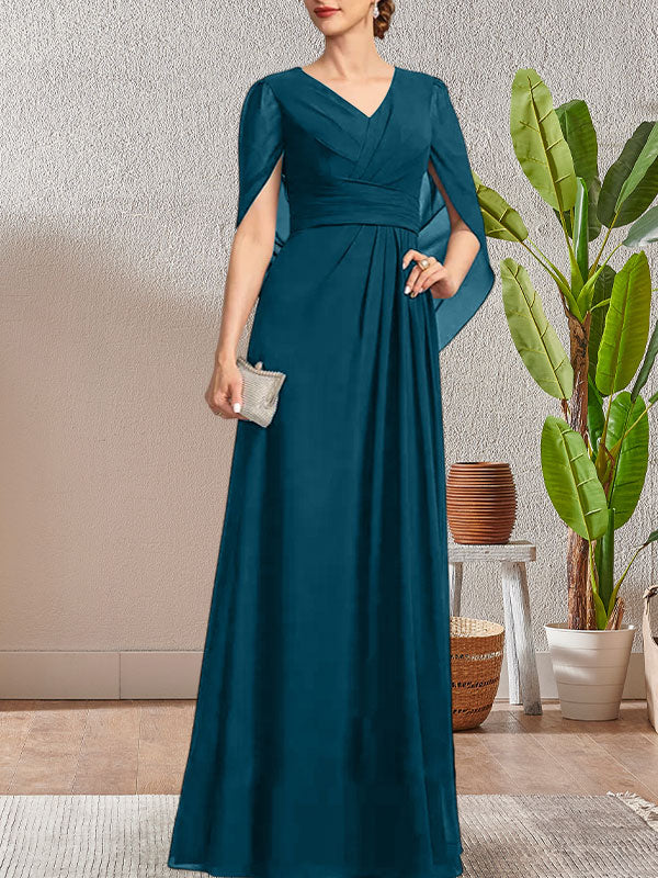 Vestido largo para madre de la novia con escote en V y corte A en azul marino oscuro