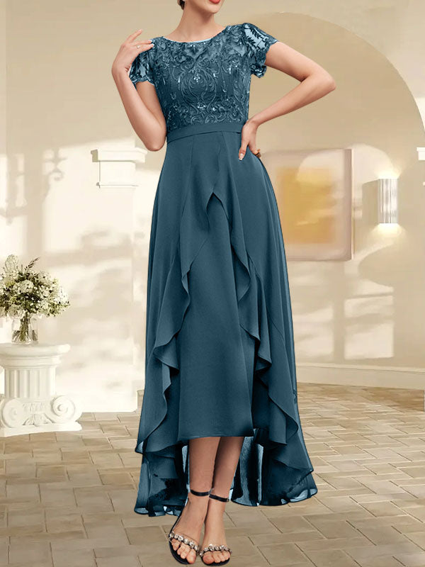 Vestido de madre de la novia de gasa asimétrica con escote en A, ilusión, encaje, lazo, volantes y lentejuelas 