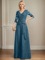 A-Linien-Kleid aus Chiffon mit V-Ausschnitt, bodenlang, mit Spitze, Kaskadenrüschen und Pailletten für die Mutter der Braut 