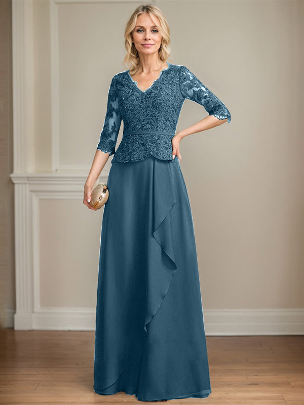 Vestido de gasa con encaje y escote en V hasta el suelo para madre de la novia con volantes en cascada y lentejuelas 