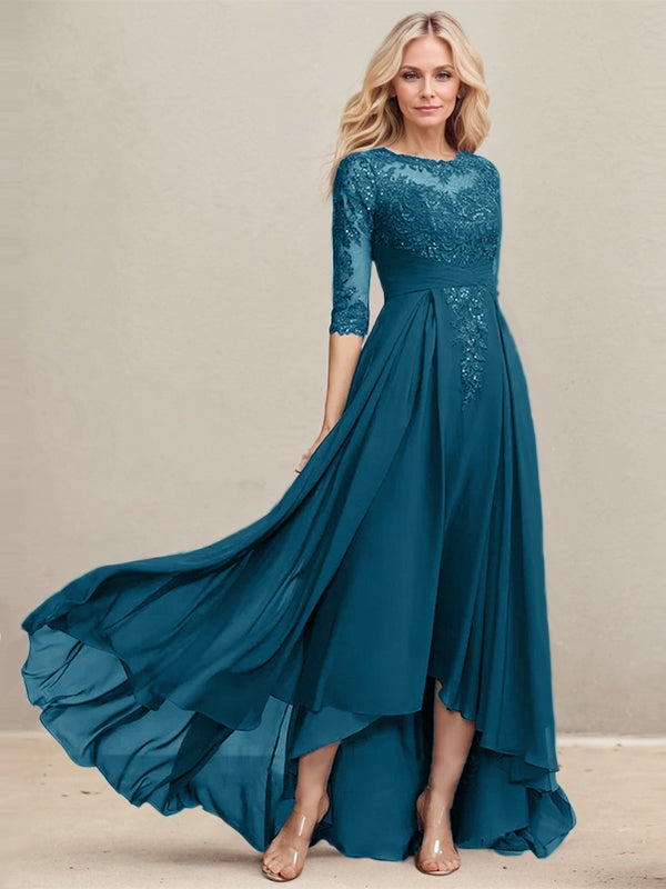 Vestido de madre de la novia de gasa con encaje asimétrico, ilusión, corte A y lentejuelas plisadas 