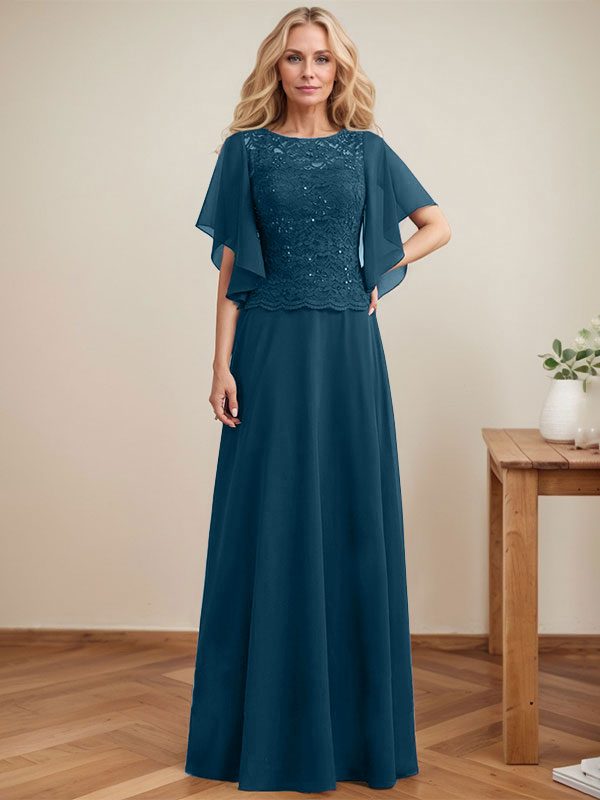 Vestido de madre de la novia de gasa con encaje, ilusión, largo hasta el suelo, corte A y lentejuelas 