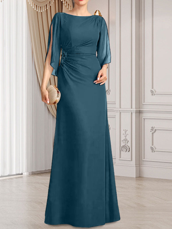 Etui-/Säulen-Chiffonkleid in Bodenlänge für die Mutter der Braut mit plissierter Perlenstickerei