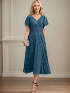 A-Linien-Kleid aus Chiffon mit V-Ausschnitt und Teelänge für die Mutter der Braut 