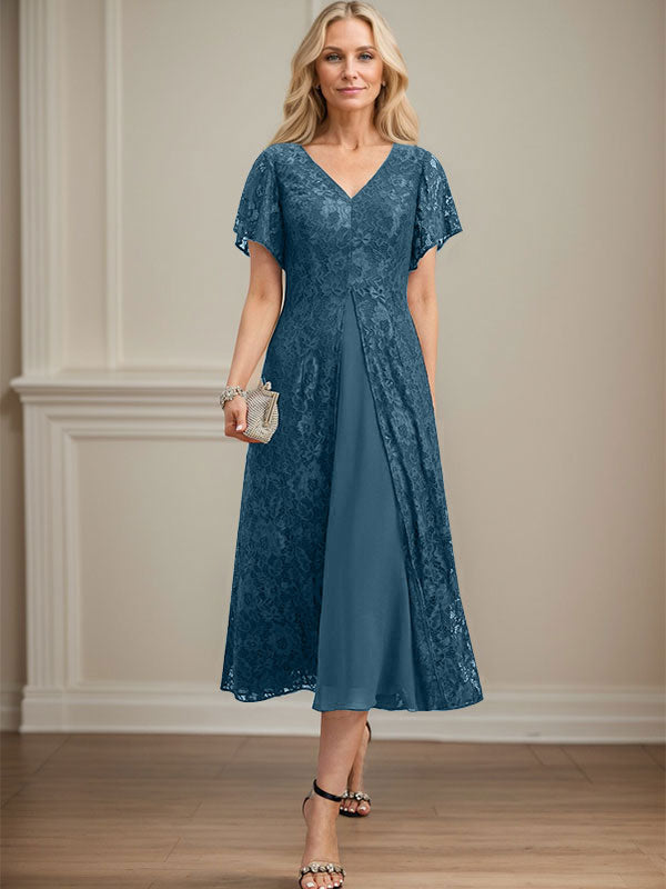 A-Linien-Kleid aus Chiffon mit V-Ausschnitt und Teelänge für die Mutter der Braut 