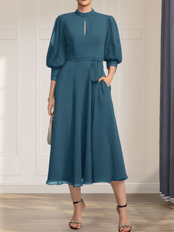 A-Linien-Kleid aus Chiffon mit hohem Kragen, Teelänge und Spitze für die Mutter der Braut, verziert mit einer Schleife