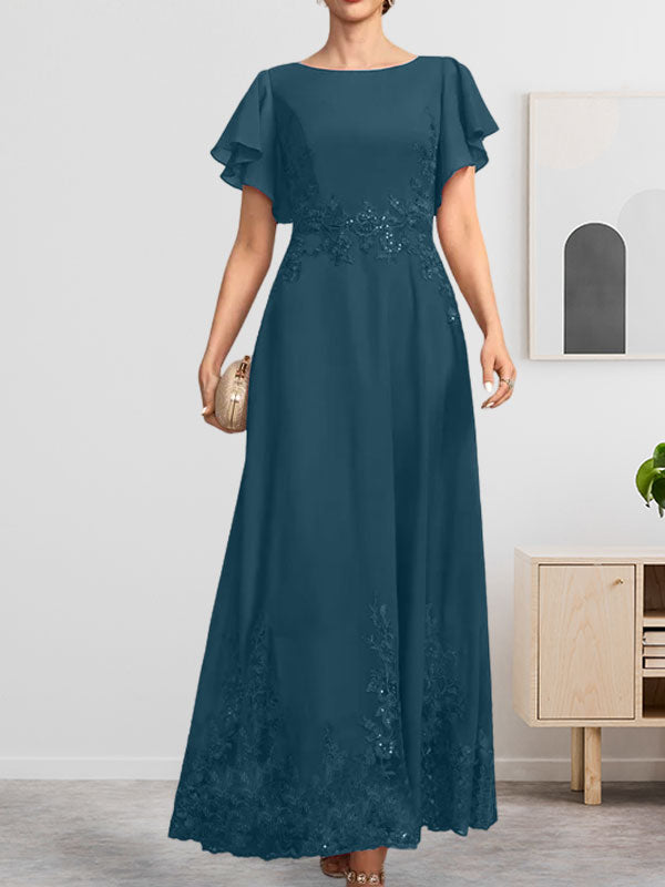 A-Linien-Kleid mit Rundhalsausschnitt, knöchellang, aus Spitze und Chiffon, mit Pailletten besetzt
