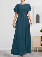 A-Linien-Kleid mit Rundhalsausschnitt, knöchellang, aus Spitze und Chiffon, mit Pailletten besetzt