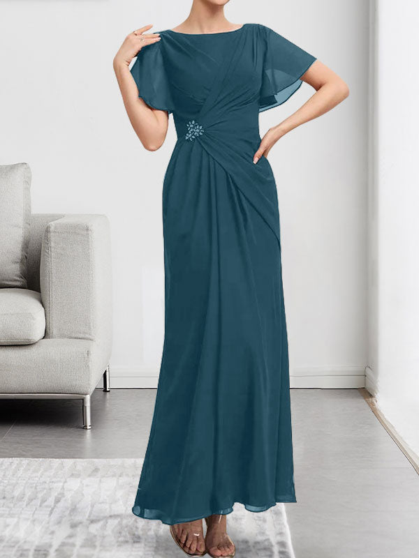 Vestido de gasa para madre de la novia, corte A, escote redondo, largo hasta los tobillos, con cuentas y pliegues