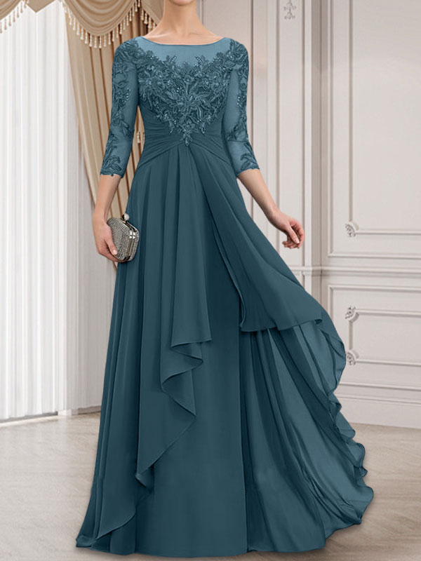 A-Linien-Kleid mit U-Boot-Ausschnitt, Illusion-Effekt, bodenlang, aus Chiffon und Spitze, mit Kaskadenrüschen – perfekt für die Mutter der Braut