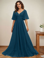 A-Linien-Kleid aus Chiffon mit V-Ausschnitt, bodenlang, mit Paillettenapplikationen, Spitze und Falten für die Mutter der Braut 