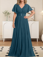 A-Linien-Chiffonkleid mit V-Ausschnitt, bodenlang, für die Mutter der Braut, mit Kristallbrosche und Falten 