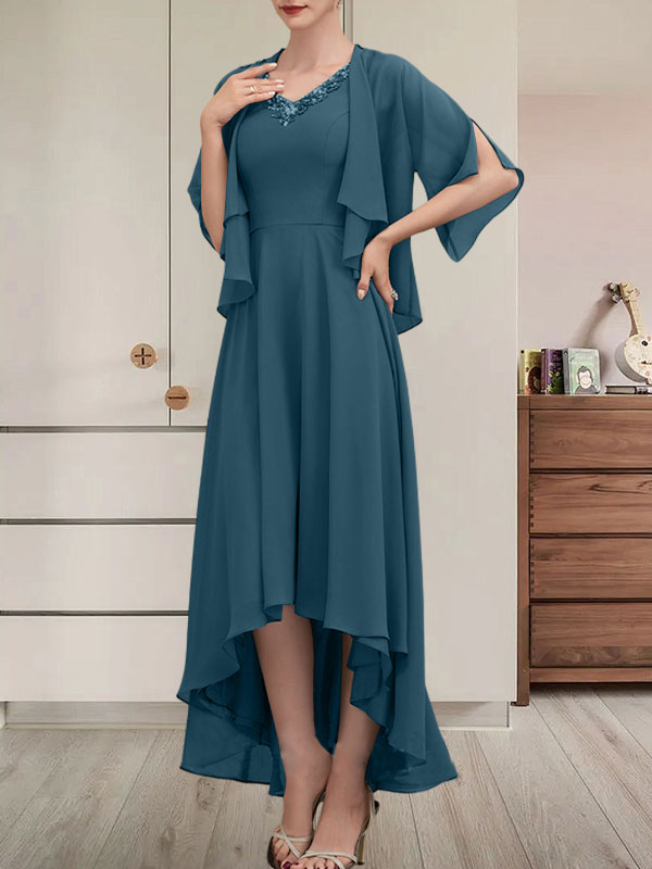 A-Linien-Kleid aus Chiffon mit V-Ausschnitt, asymmetrischem Muster und Perlen- und Paillettenbesatz für die Mutter der Braut