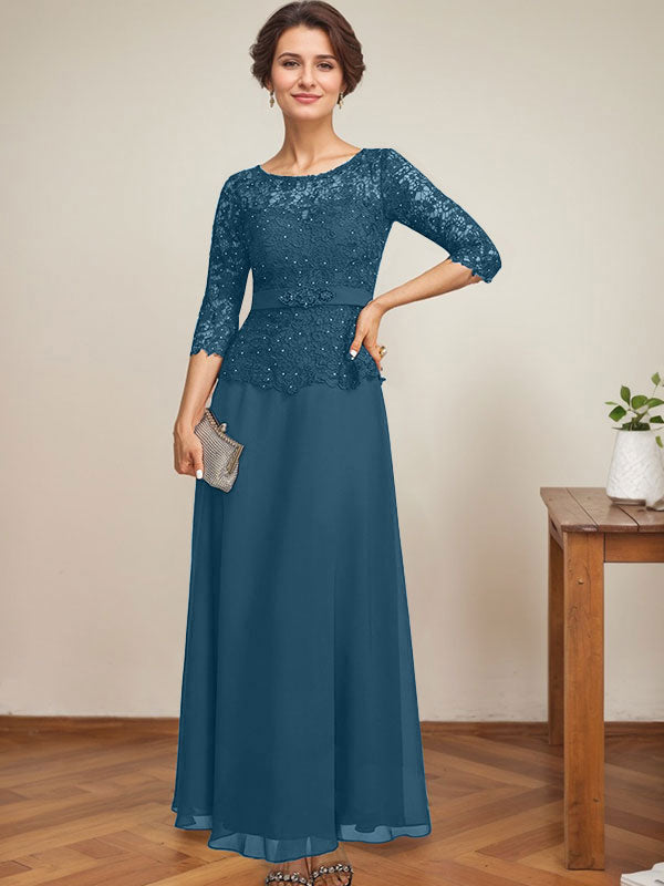 Vestido de gasa con encaje y escote ilusión hasta los tobillos para madre de la novia con cuentas de diamantes de imitación 
