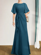 A-Linien-Kleid aus Chiffon in Bodenlänge für die Mutter der Braut mit kaskadenartigen Rüschen, Perlen und Pailletten